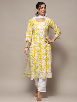 Biba - Yellow Cotton Tye & Dye Printed Unstitched Suit (Set of 3)