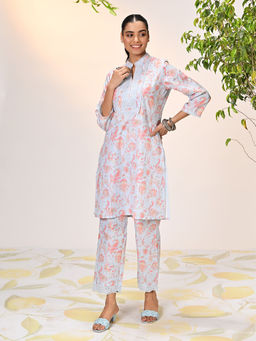 Lakshita - Roshna Blue Printed Cotton Linen Kurta with Pant for Women (Set of 2)