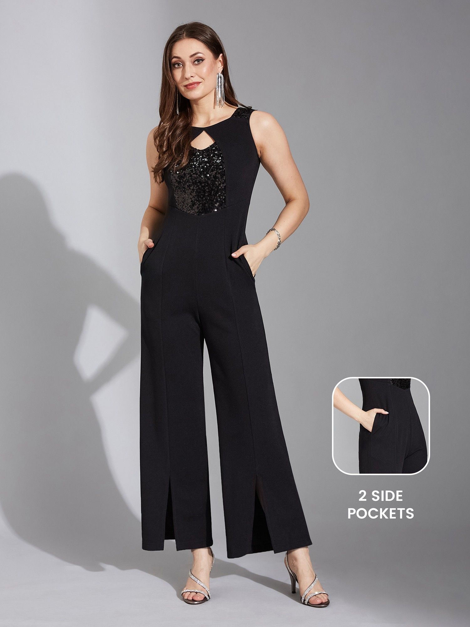 Women's Black Embellished Polyester Paneled Regular Jumpsuit-picture-17