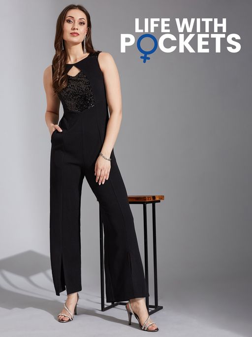 Buy LIFE WITH POCKETS Women's Black Embellished Polyester Paneled
