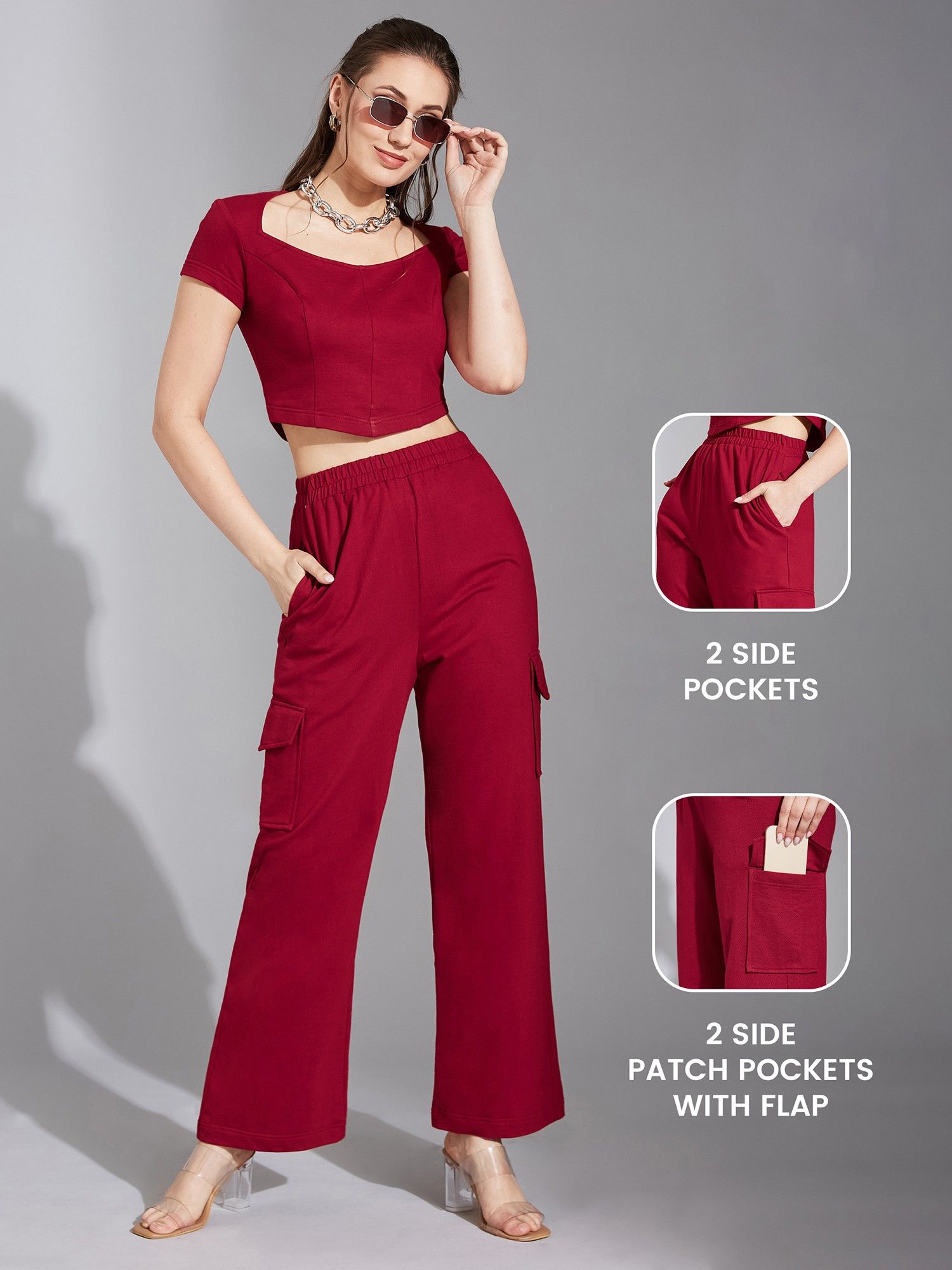 Women's Maroon Solid Regular Length Crop Top and Pant Co-Ord (Set of 2)-picture-41