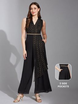 LIFE WITH POCKETS - Women's Black Self Design Polyester Pleated Regular Jumpsuit