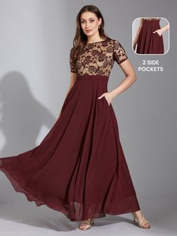 LIFE WITH POCKETS - Women's Wine & Beige Relaxed Fit Regular Georgette Dress