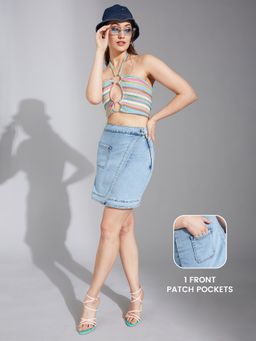 LIFE WITH POCKETS - Women's Light Blue Regular High Rise Clean Look Stretchable Denim Skirt
