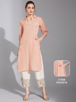 LIFE WITH POCKETS - Women's Peach Colored Shirt Collar Knee Long Polyester Kurta