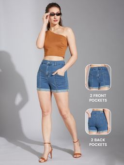 LIFE WITH POCKETS - Womens Casual Blue High Rise Clean Look Stretchable Denim Shorts