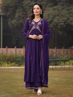 AMIRAS - Womens Printed Rayon Naira Cut Kurta Palazzo Dupatta (Set of 3)