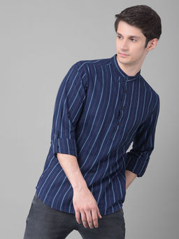 CRIMSOUNE CLUB - Mens Navy Blue Striped Short Kurta