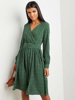 Styli - Green Polka Dot Print V Neck Knee Length Dress With Belt (Set of 2)