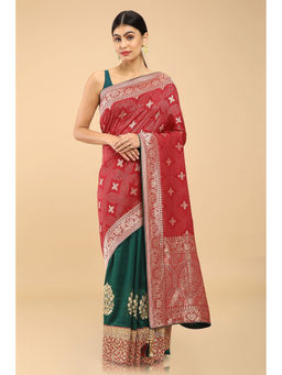 Soch - Maroon Tussar Woven Design Saree with Unstitched