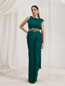 Odette - Green Solid Ready To Wear Saree with Stitched Blouse with Belt