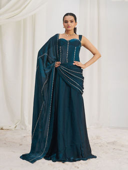 Odette - Blue Solid Ready To Wear Saree with Stitched Blouse