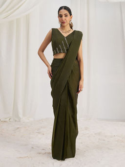 Odette - Olive Solid Ready To Wear Saree with Stitched Blouse