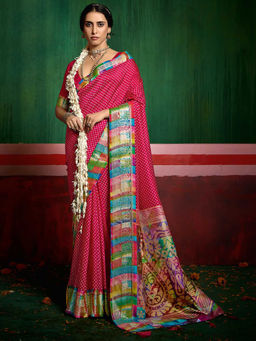 MEENA BAZAAR - Pink Printed Saree with Unstitched Blouse