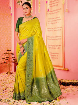 MEENA BAZAAR - Yellow Woven Saree with Unstitched Blouse