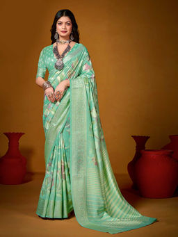 MEENA BAZAAR - Green Woven Saree with Unstitched Blouse