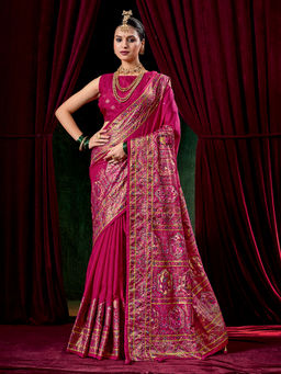 MEENA BAZAAR - Pink Woven Saree with Unstitched Blouse