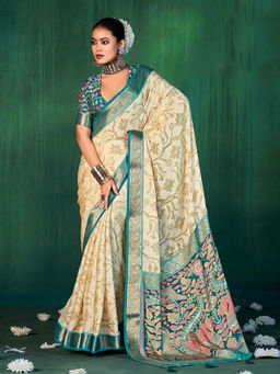 MEENA BAZAAR - Beige Woven Saree with Unstitched Blouse
