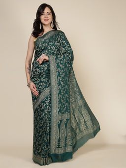 MEENA BAZAAR - Green Woven Saree with Unstitched Blouse