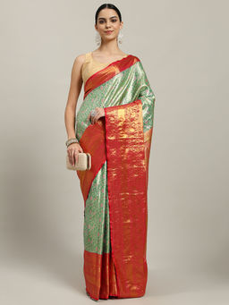 MEENA BAZAAR - Green Woven Saree with Unstitched Blouse