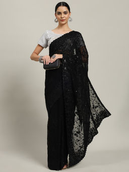 MEENA BAZAAR - Black Embroidered Saree with Unstitched Blouse
