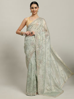 MEENA BAZAAR - Green Embellished Saree with Unstitched Blouse