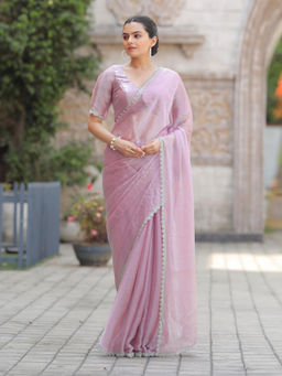 MEENA BAZAAR - Pink Embellished Saree with Unstitched Blouse