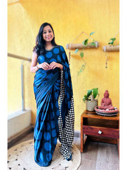 Mysilklove - Blue Printed Saree with Unstitched Blouse