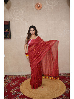 The Raksha Store - Maroon Embroidered Saree with Unstitched Blouse
