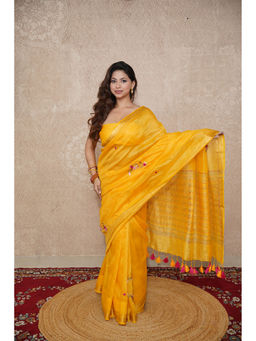 The Raksha Store - Yellow Embroidered Saree with Unstitched Blouse