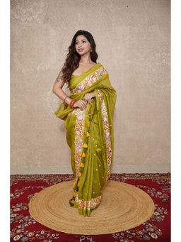 The Raksha Store - Green Embroidered Saree with Unstitched Blouse