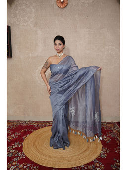The Raksha Store - Grey Embroidered Saree with Unstitched Blouse