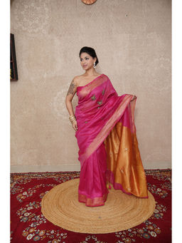 The Raksha Store - Pink Embroidered Saree with Unstitched Blouse