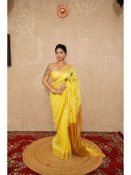 The Raksha Store - Yellow Embroidered Saree with Unstitched Blouse