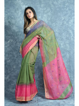 Arhi - Moss Green Stripes Style Handloom Saree with Unstitched