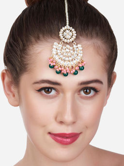 Zaveri Pearls - Pink & Green Cluster Beads Drop Bridal Kundan Maangtikka-ZPFK13562