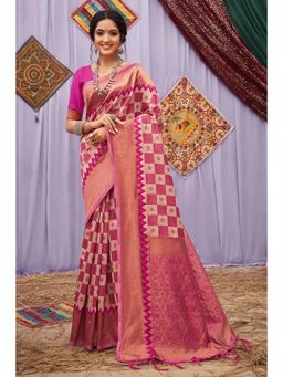 Sangam Prints - Pink Cotton Woven Zari Work Traditional Tassel Saree with Unstitched Blouse