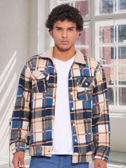 PRONK - Men Beige Checks Full Sleeves Jacket