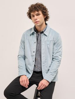 The Bear House - Men Blue Textured Full Sleeves Jacket