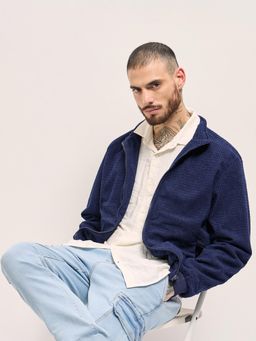 The Bear House - Men Blue Textured Full Sleeves Jacket