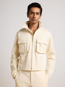 Muvazo - Men Cream Solid Full Sleeves Jacket