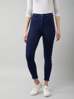 Miss Chase - Women's Navy Blue Cotton Skinny High Rise Stretchable Denim Jeans