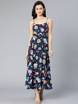 Oxolloxo - Brace Blue Floral Printed Shoulder Strapped Women Dress