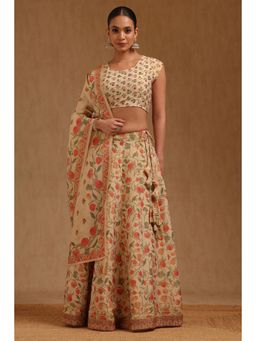 Soch - Womens Beige Tissue Floral Print Ghagra Choli with Cutdana & Dupatta