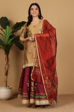 Kaanchie Nanggia - Beige Kurta with Maroon Skirt and Dupatta (Set of 3)