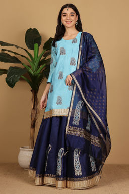 Kaanchie Nanggia - Turquoise Kurta with Navy Skirt and Dupatta (Set of 3)