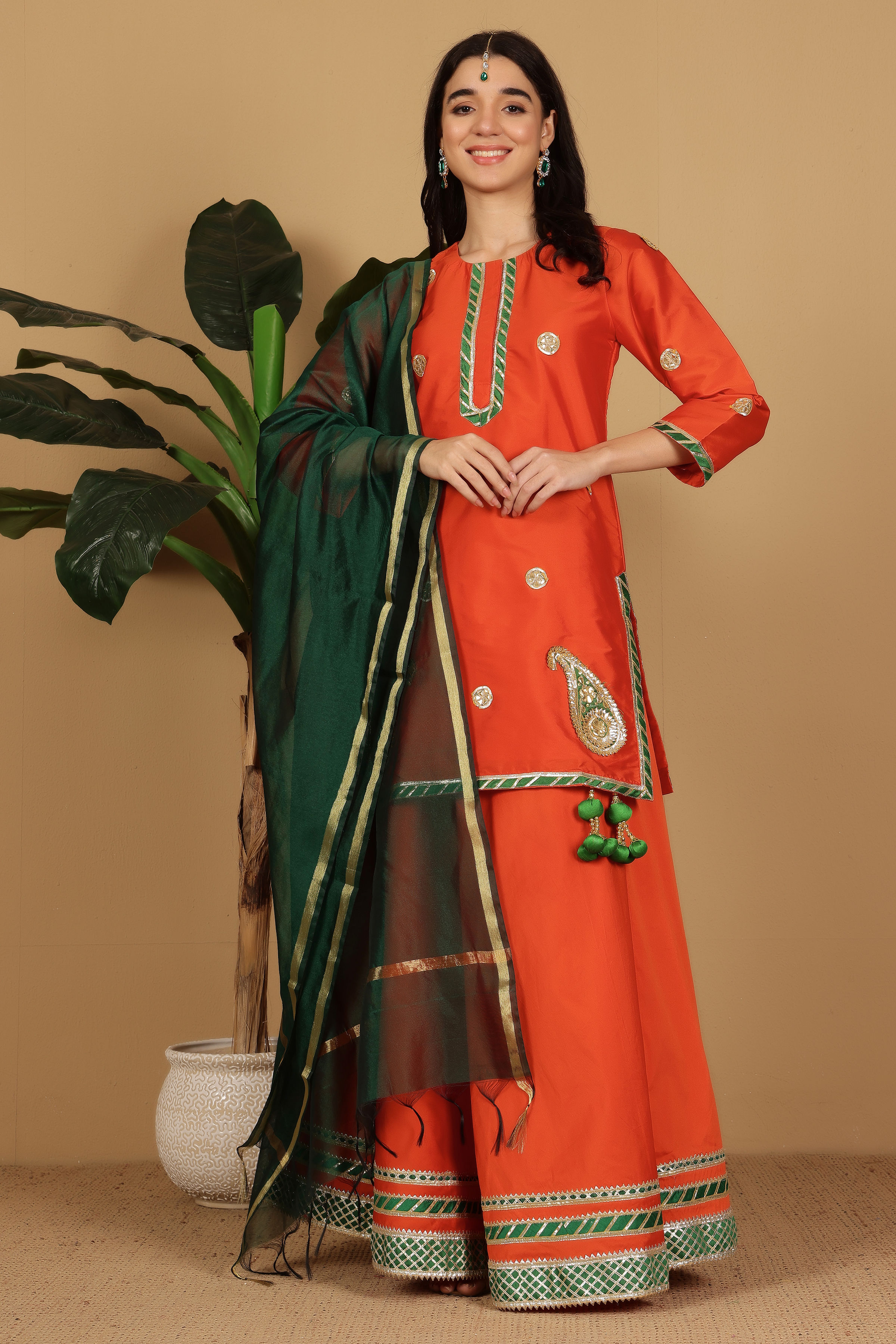 Orange Kurta Skirt and Green Dupatta (Set of 3)-image-0
