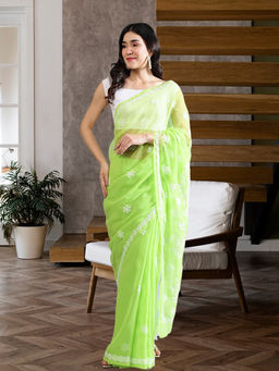 Seva Chikan - Green Lucknowi Chikankari Saree with Unstitched Blouse with Unstitched