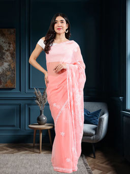 Seva Chikan - Peach Lucknowi Chikankari Saree with Unstitched Blouse with Unstitched