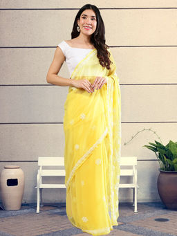 Seva Chikan - Yellow Lucknowi Chikankari Saree with Unstitched Blouse with Unstitched